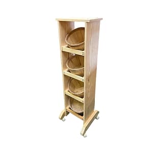 a display rack with four baskets on stacked shelves
